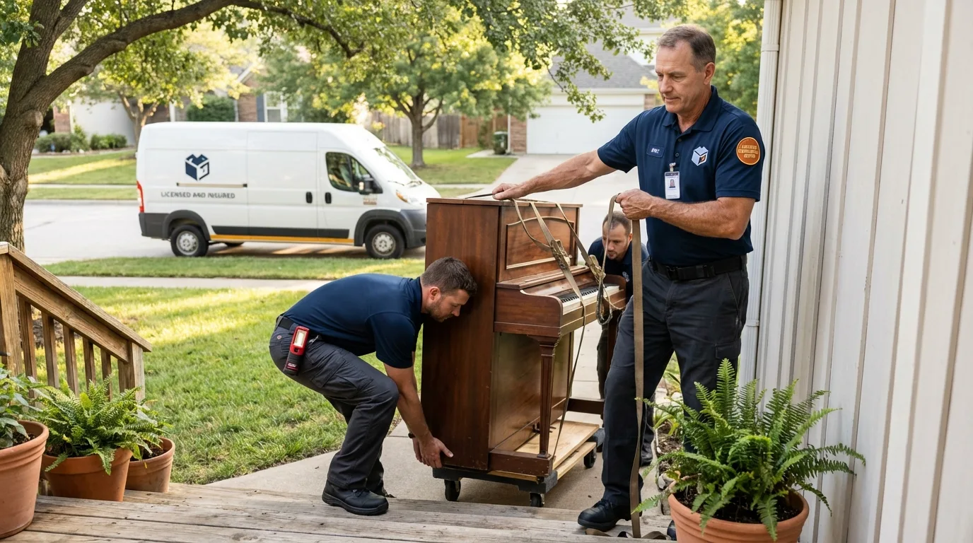 Licensed piano movers securing grand piano in Buffalo, MN